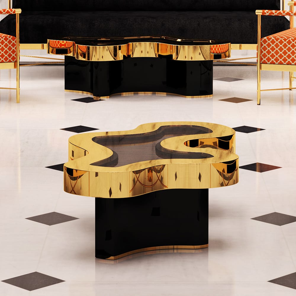 Contemporary Brass Veneered Chic Glass Coffee Table