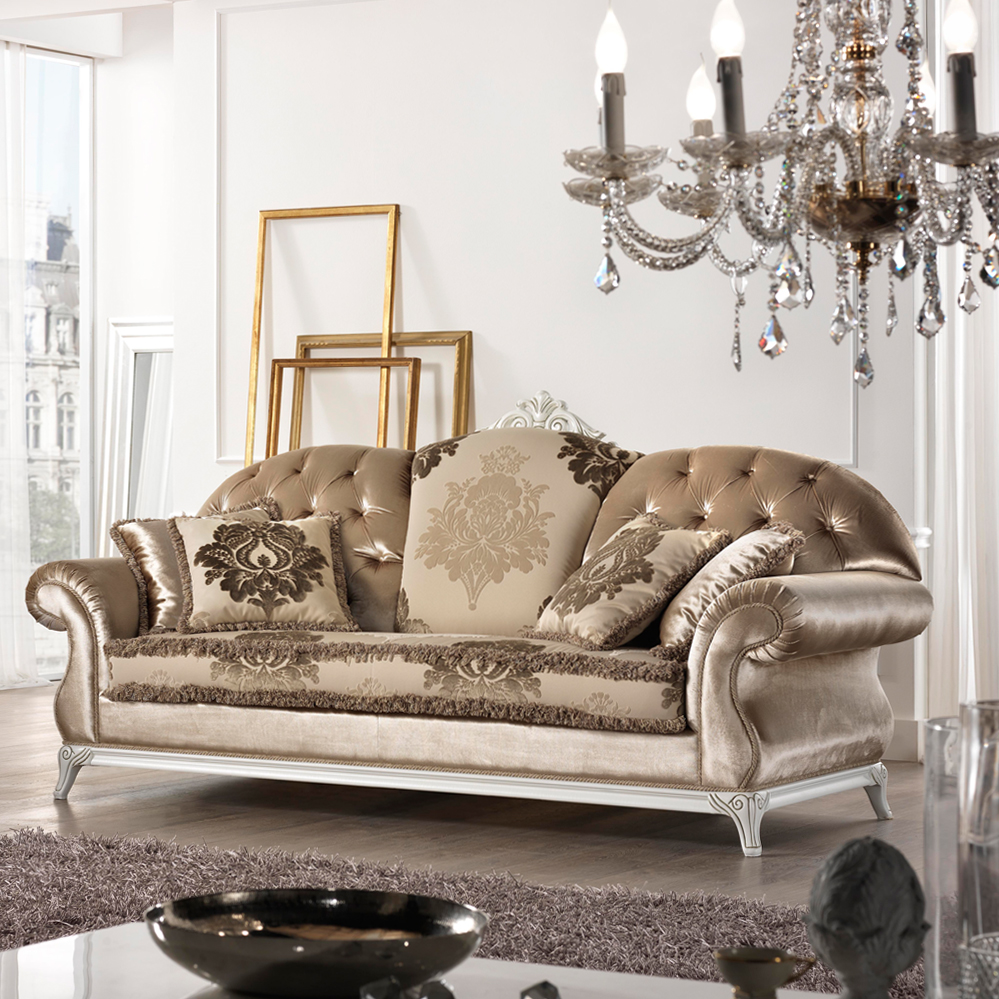 Lacquered Taupe Velvet Upholstered Baroque Style Sofa