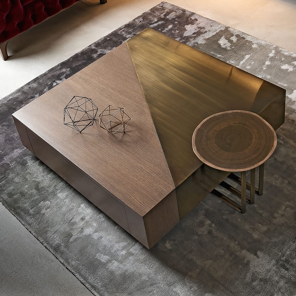 Luxury Square Oak Veneer Bronze Storage Coffee Table
