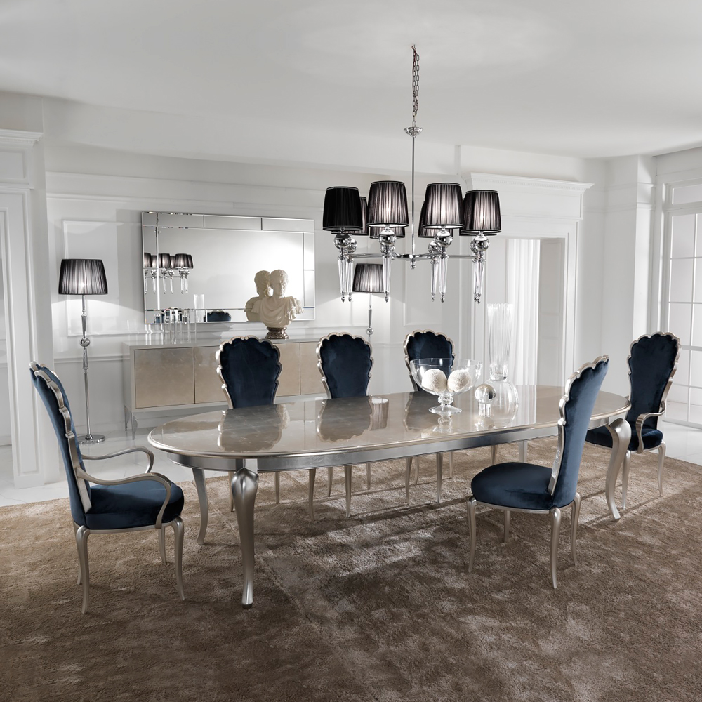 Silver Leaf Dining Set Including Navy Blue Velvet Chairs