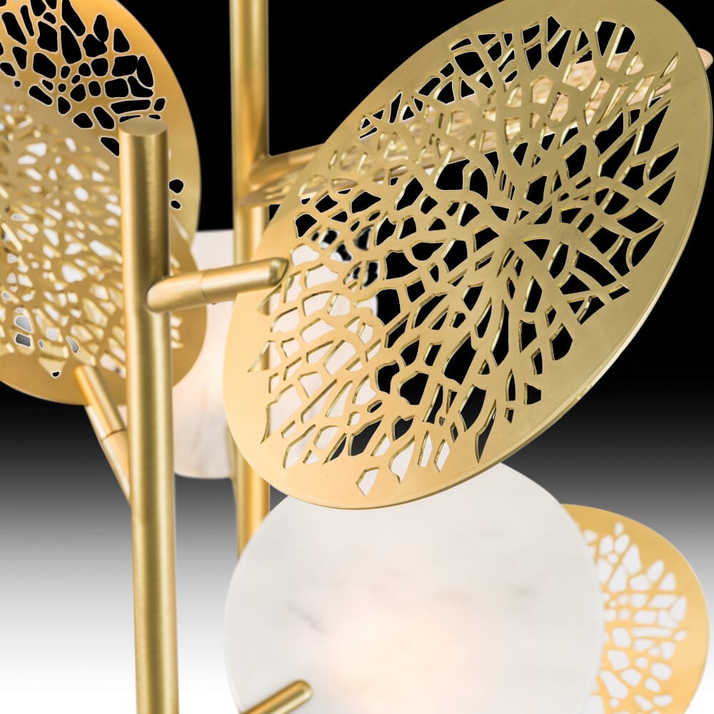 luxury lighting, contemporary floor lamp with circular, laser cut metallic elements and diffuser light