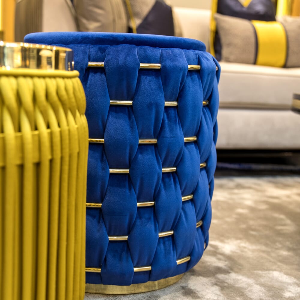 luxury furniture, luxury footstools, blue and mustard, woven velvet and satin fabric