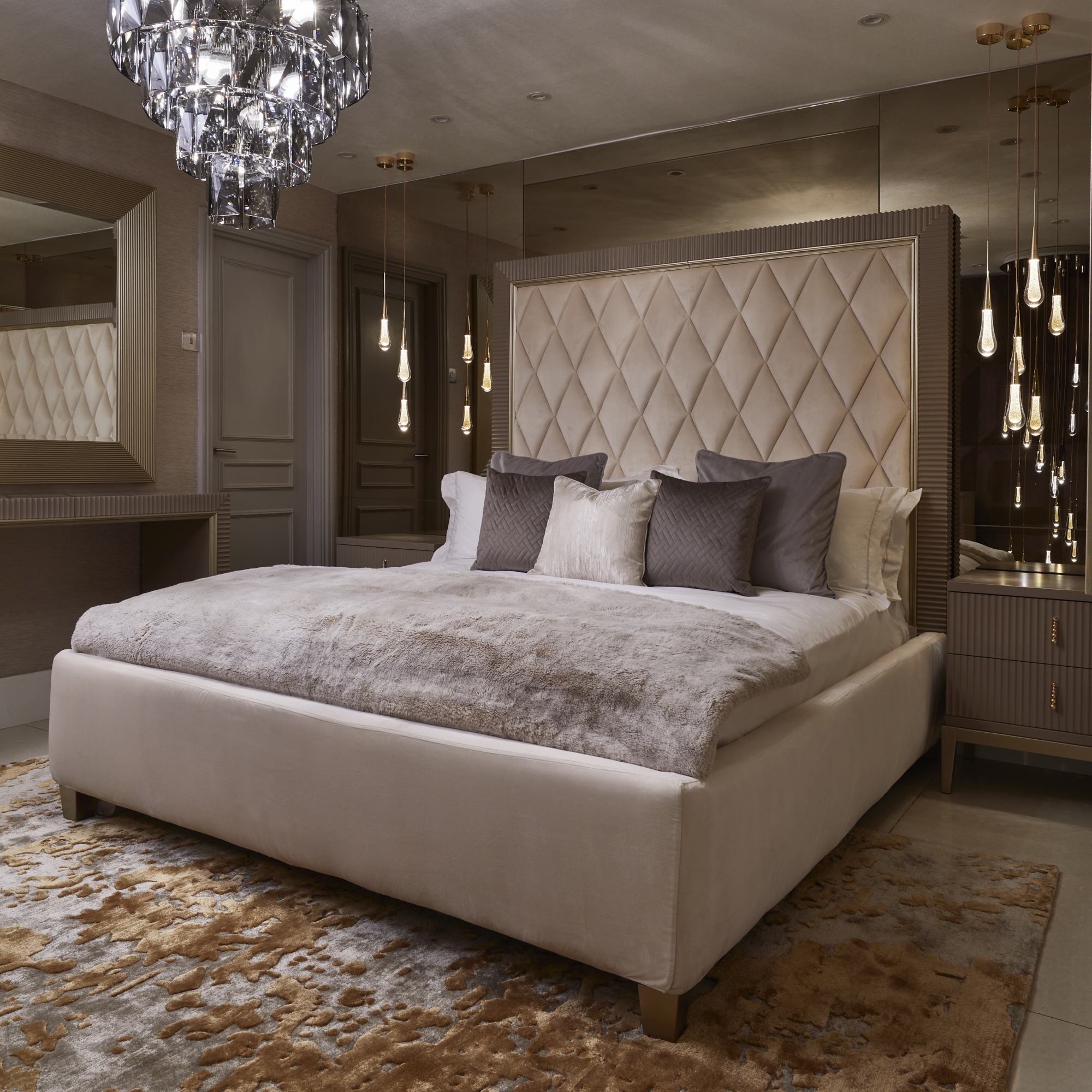 Art Deco Inspired Upholstered Storage Bed with Tall Headboard