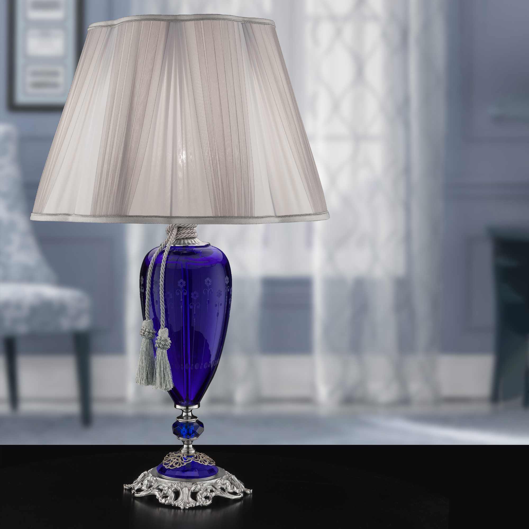Large Blue Hand-Blown Glass Table Lamp