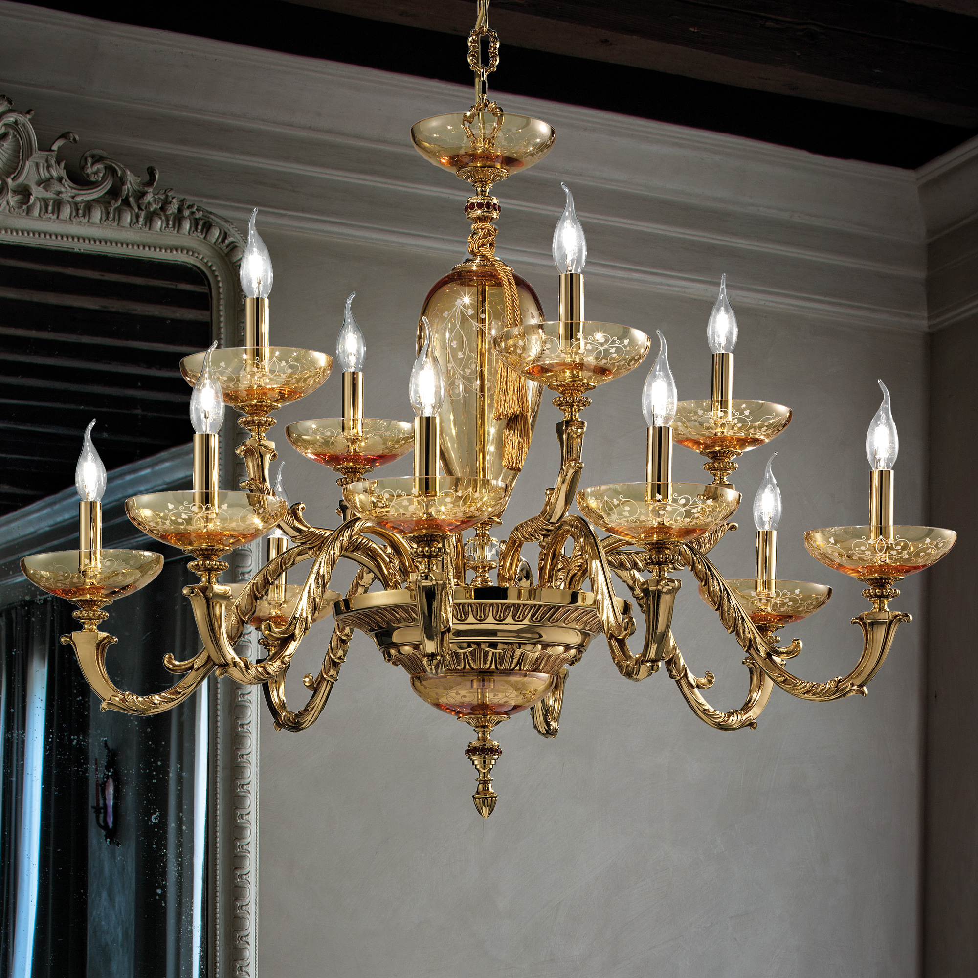 Large Hand Blown Amber Glass Chandelier