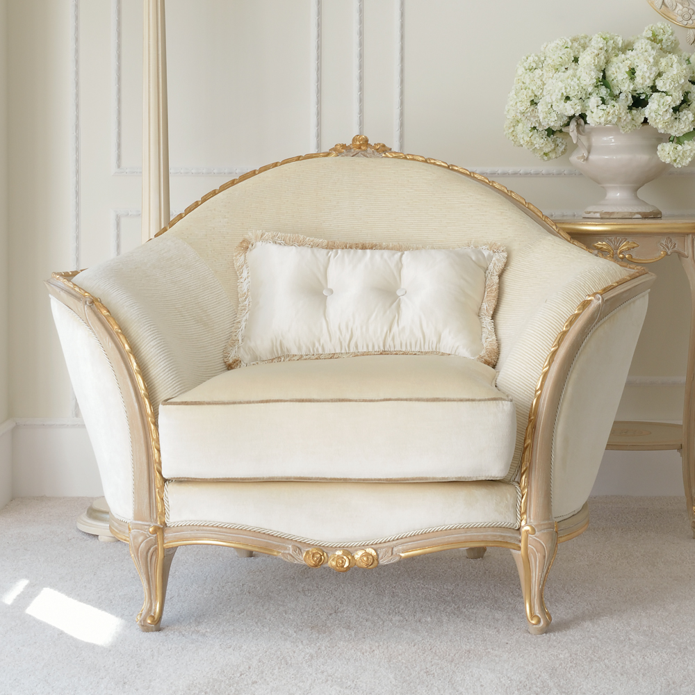 Cream And Gold Reproduction Louis Armchair