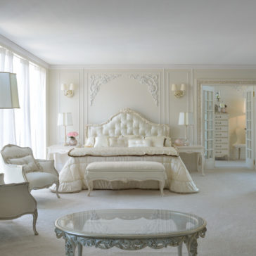 Luxurious Classic Italian Designer Button Upholstered Bed Luxurious, white-themed bedroom showcasing the Luxurious Classic Italian Designer Button Upholstered Bed with an ornate, tufted headboard and a matching bench at the foot. The room features classic Italian designer furniture, including armchairs and a glass-topped coffee table with intricate detailing. Large windows provide ample natural light.