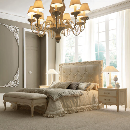 A luxurious bedroom with a large, 