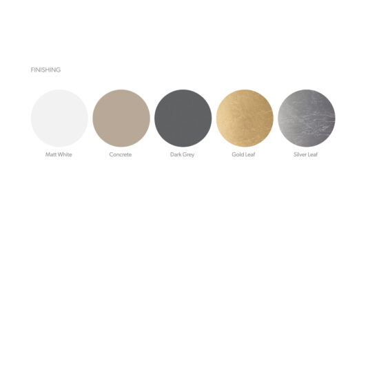 Five circular color samples, from left to right: Matt White, Concrete, Dark Grey, Gold Leaf, Silver Leaf. Each circle's texture and hue reflect its label—ideal for picturing a Modern Italian Designer Gold Leaf Ceiling Light.