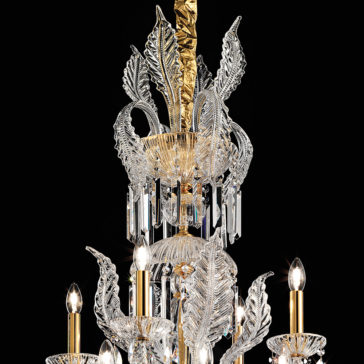 A close-up of the **Ornate Italian Drop Crystal Pendant Chandelier** reveals its intricate crystal and gold accents. This chandelier showcases decorative crystal leaves, gold elements, and multiple candle-like light bulbs, all contributing to its gleaming, elegant design set against a black background.