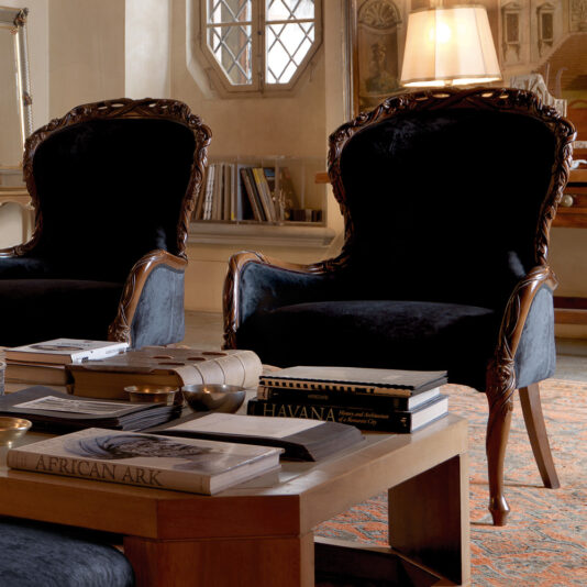 A cozy room with two ornate, dark velvet armchairs and a wooden coffee table. Among the furniture is a Classic Italian Rose And Ribbon Walnut Armchair that adds to the charm. The table holds several books, including 