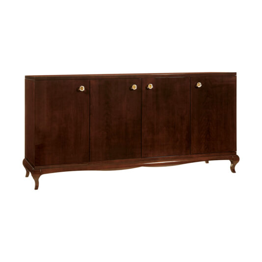 High end Modern Glamour large Wenge Sideboard The High end Modern Glamour large Wenge Sideboard boasts a sophisticated dark wooden finish with four cabinet doors, each adorned with a small round gold handle. This high-end piece features curved legs and a slightly wavy bottom edge, embodying modern glamour.