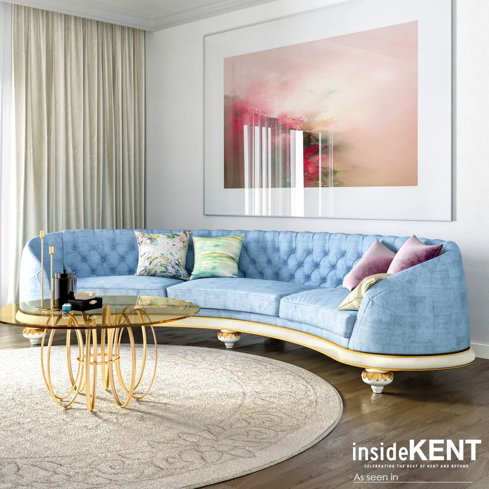 Large Luxury Blue Upholstered Curved Sofa