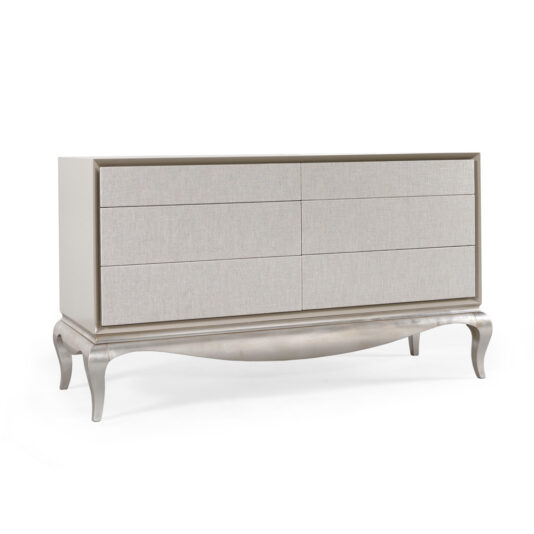 The High End Modern Linen Upholstered Drawers is a sophisticated dresser featuring six linen-upholstered drawers. Its sleek, light-colored design is complemented by a rectangular wooden frame and curved silver legs, creating a contemporary aesthetic.