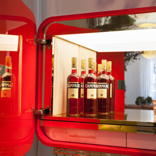 Contemporary Designer Cocktail Bar Cabinet inside of a modern red cocktail cabinet
