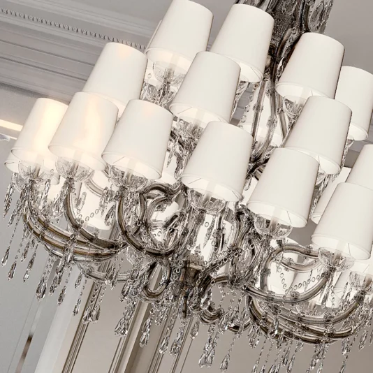 Large Exclusive Italian Crystal Chandelier Discover the grandeur of the Large Exclusive Italian Crystal Chandelier, featuring numerous arms with white lampshades. Intricate crystal details elegantly hang to reflect light and add sophistication to any room.