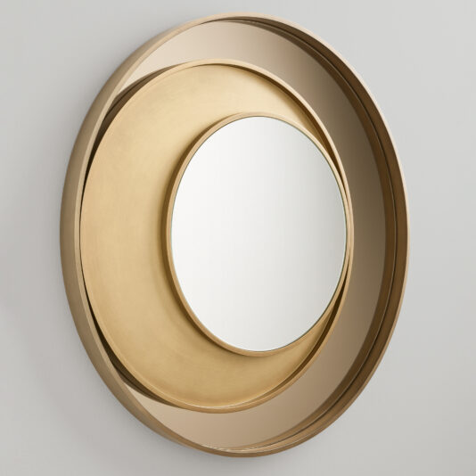 The Modern Italian Designer Offset Circles Mirror showcases a contemporary Italian design with three concentric, overlapping golden frames at varying depths. These offset circles create an artistic and layered visual effect, centering the mirror within the innermost frame. It is mounted on a plain light-colored wall.