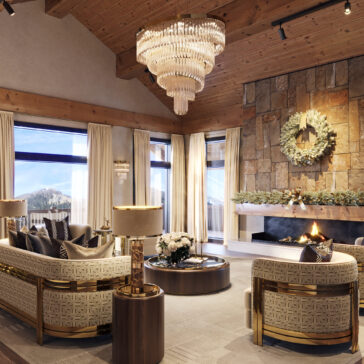 Gold Plated Spiral Crystal Designer Chandelier A luxurious living room features a high wooden ceiling and stone fireplace. A Gold Plated Spiral Crystal Designer Chandelier hangs above plush sofas and a round coffee table, while large windows showcase mountain views with light curtains and a festive wreath on the mantle.