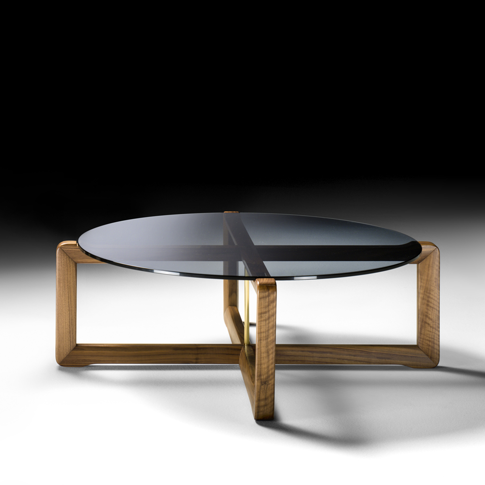 Contemporary Walnut Round Glass Coffee Table