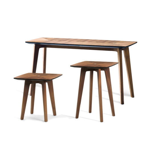 A contemporary walnut furniture set featuring a rectangular table with four slender legs and two stools, each sporting slightly splayed legs. This set boasts a minimalist design with clean lines and a smooth finish, similar to the Contemporary Walnut Designer Console Table.