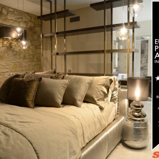 Interior Design Course, award winning master bedroom showing bed, bedside tables, bespoke shelving