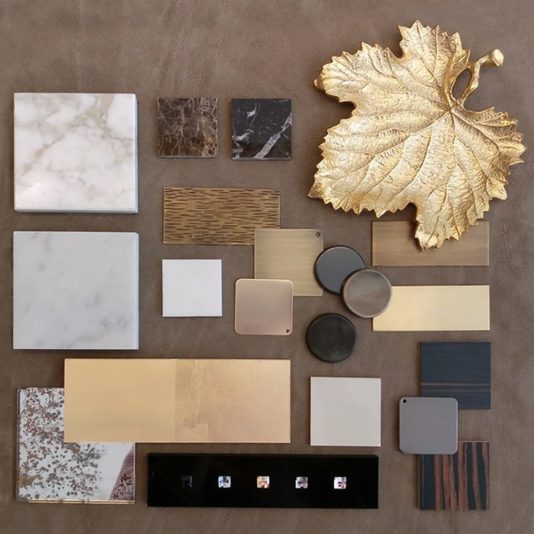 Interior Design Course, mood board showing luxury furniture marble and metallic finishes