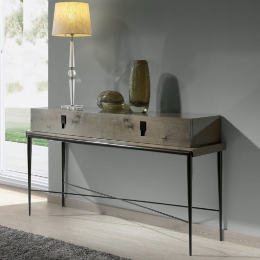 Modern console table in high gloss lacquer with slim, black metal legs and cross bar, black rectangular handles, autumn arrivals