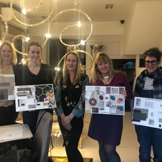 Bespoke Interior Design Course, March group with moodboards, Tanya in centre