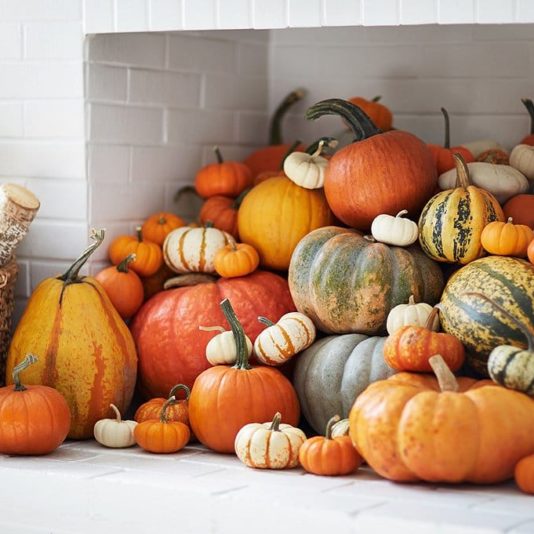 Halloween decor, fireplace full of multi coloured pumpkins