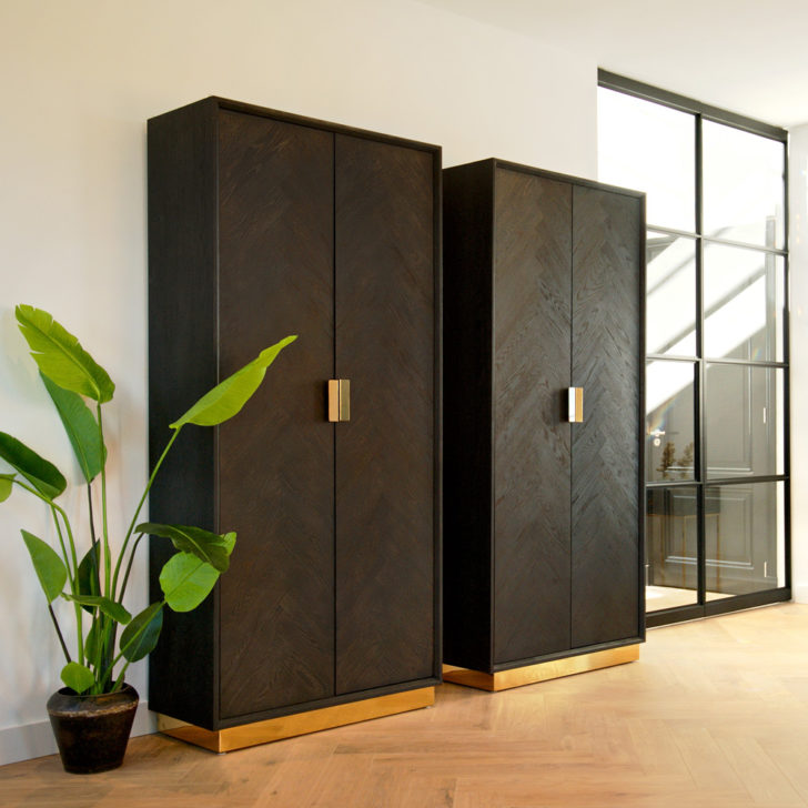 Modern Black Oak And Gold Finish Large Cabinet