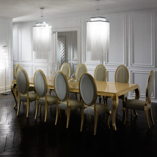 Embossed Leather Chairs and Gold Leaf Dining Table Set