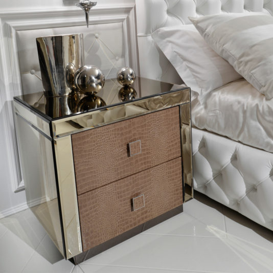 Embossed Pattern Leather and Mirrored Bedside Table