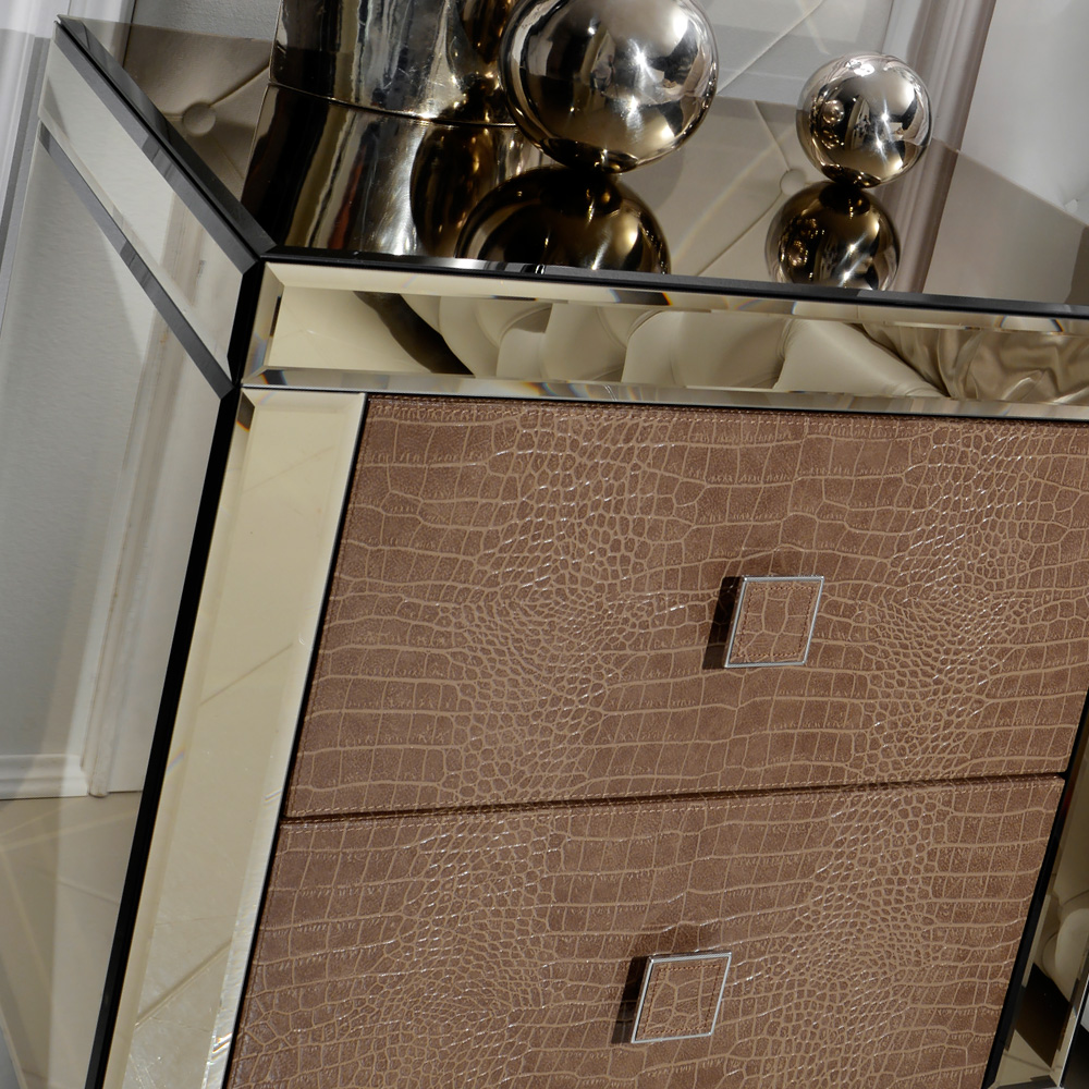 Embossed Pattern Leather and Mirrored Bedside Table