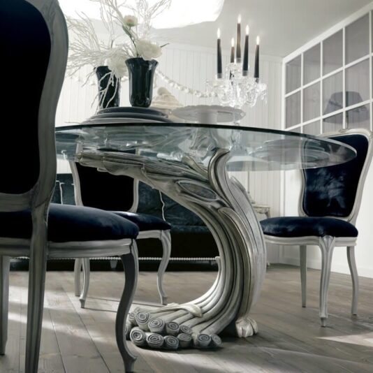 Antique Silver Italian Pedestal Round Glass Dining Table Set