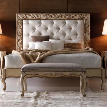 Antiqued Italian Button Upholstered Bed With Ornate Carvings Antiqued Italian Button Upholstered Bed With Ornate Carvings
