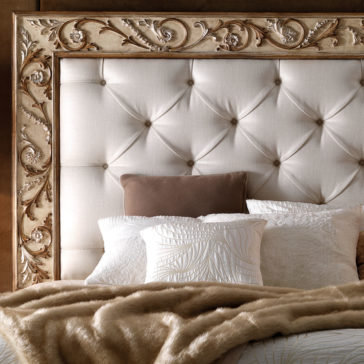 Antiqued Italian Button Upholstered Bed With Ornate Carvings Antiqued Italian Button Upholstered Bed With Ornate Carvings