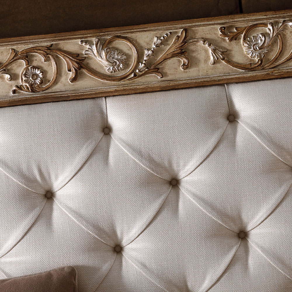 Antiqued Italian Button Upholstered Bed With Ornate Carvings
