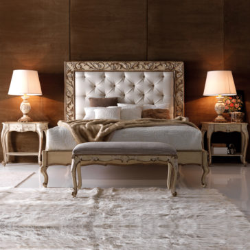 Antiqued Italian Button Upholstered Bed With Ornate Carvings Antiqued Italian Button Upholstered Bed With Ornate Carvings