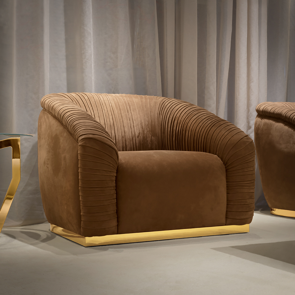 High End Gold-Plated Warm Brown Nubuck Leather Armchair