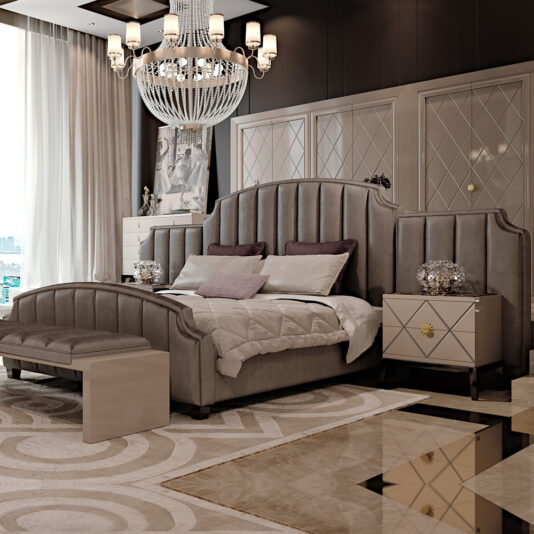 Art Deco Inspired High End Upholstered Bed with Extended Headboard