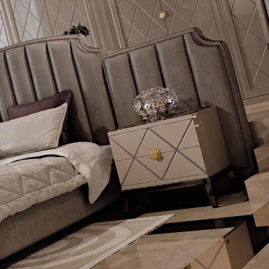 Art Deco Inspired High End Upholstered Bed With Extended Headboard Art Deco Inspired High End Upholstered Bed with Extended Headboard