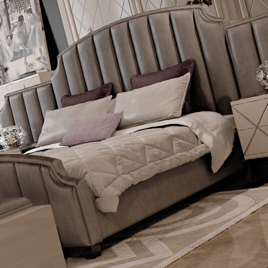 Art Deco Inspired High End Upholstered Bed With Extended Headboard Art Deco Inspired High End Upholstered Bed with Extended Headboard