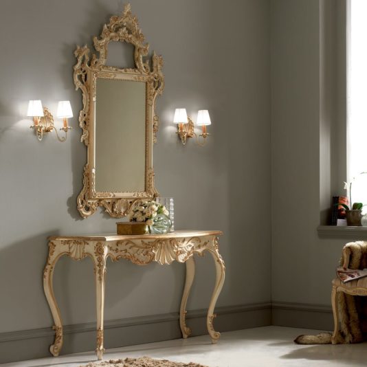 Baroque Reproduction Elegant Ivory and Gold Italian Console And Mirror