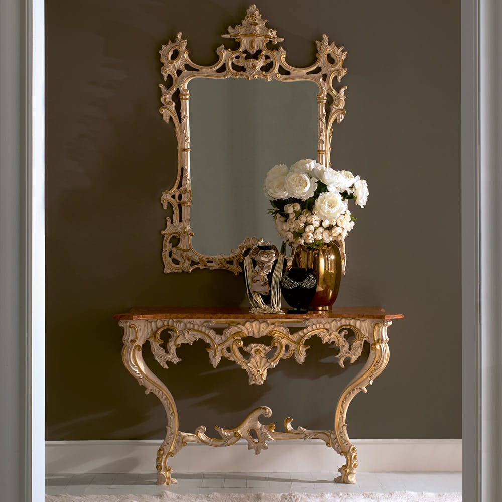 Reproduction Baroque Ivory And Gold Italian Wall Mounted Console And Mirror