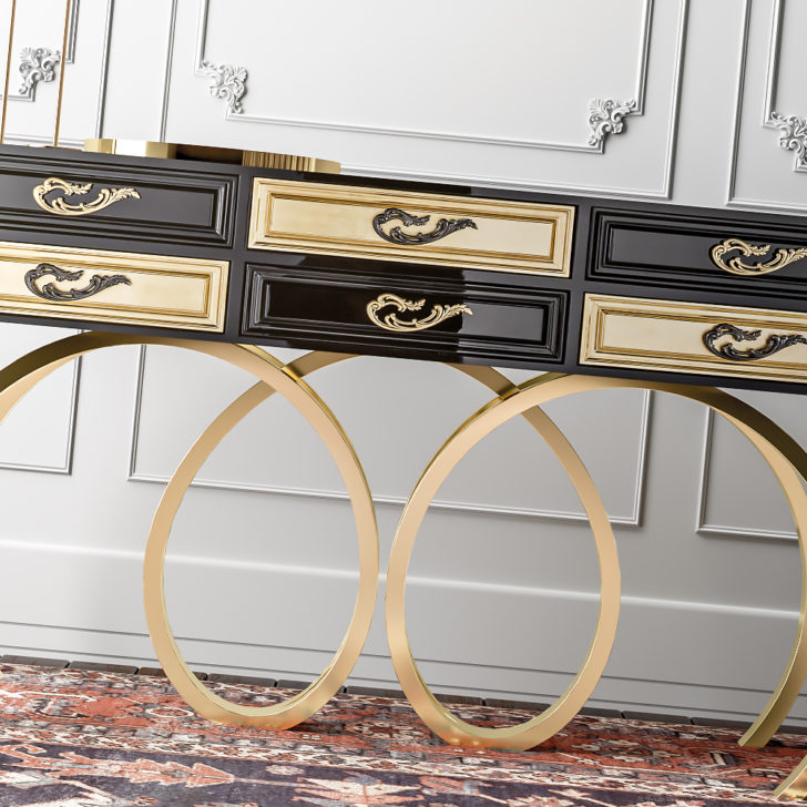 Contemporary Black and Gold Console Table - Juliettes Interiors