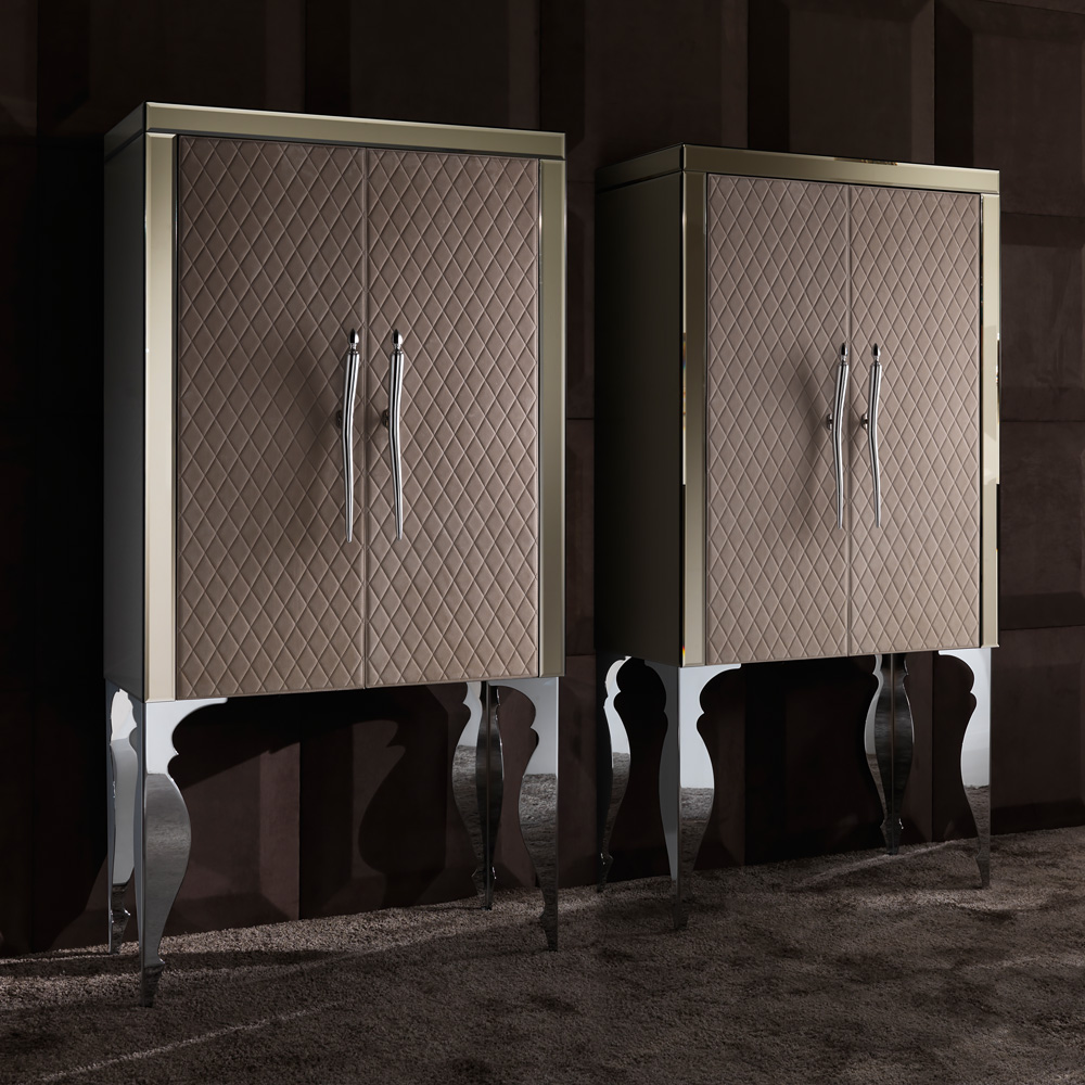 Bronze Mirrored Leather Cocktail Bar Cabinet