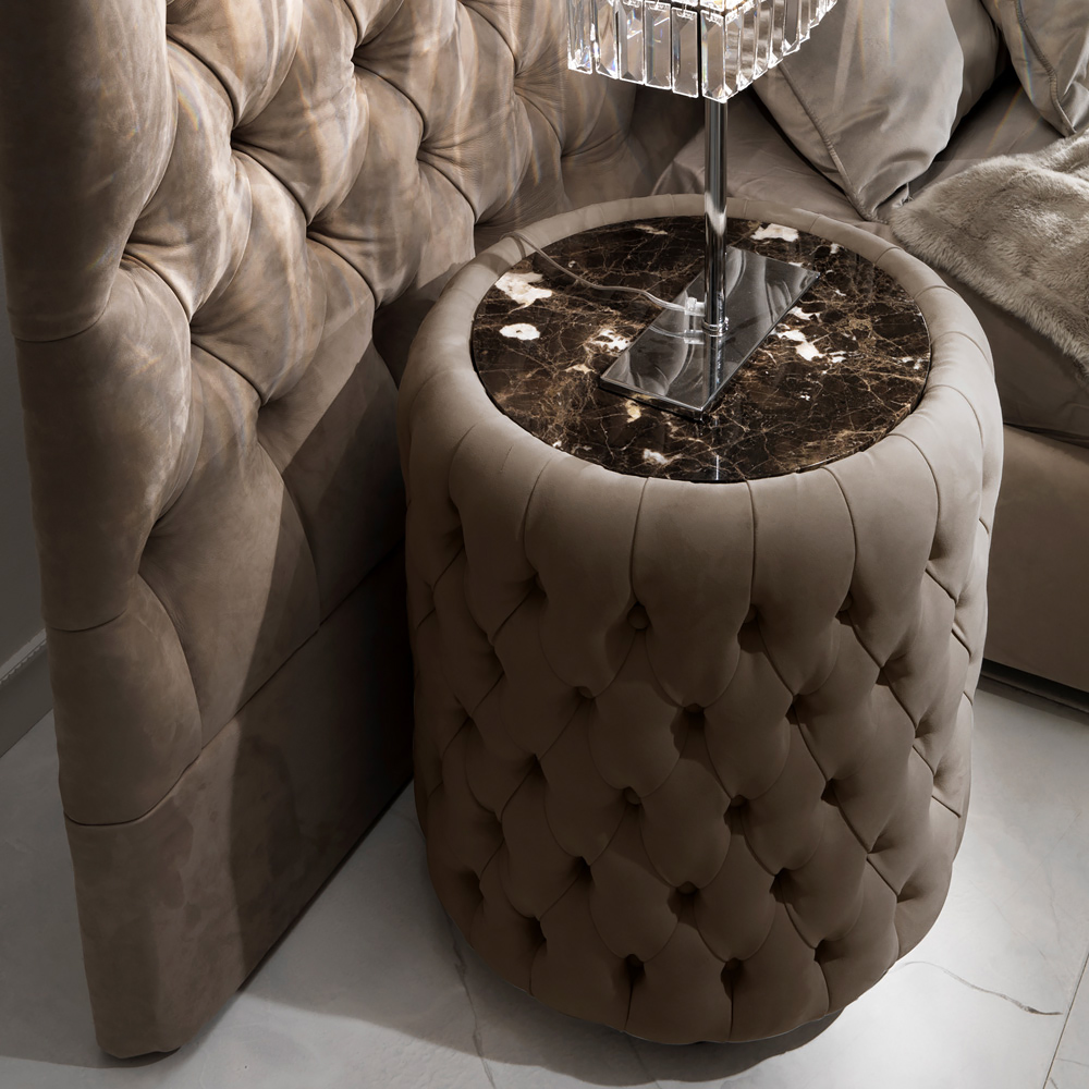 Modern Round Button Upholstered Nubuk Leather Bedside Table
