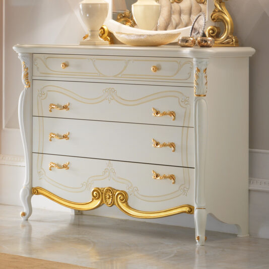 Captivating Gold Leaf And White Ornate Chest Of Drawers and Mirror Set