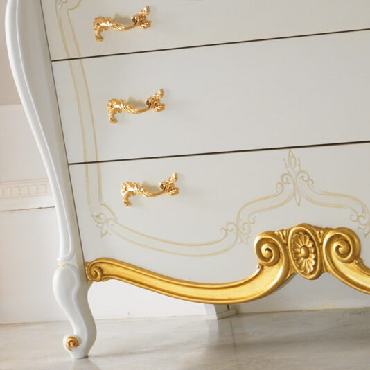 Captivating Gold Leaf And White Ornate Chest Of Drawers and Mirror Set