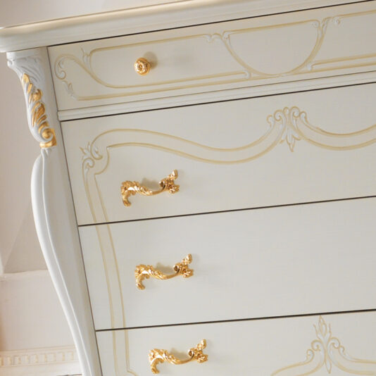 Captivating Gold Leaf And White Ornate Chest Of Drawers and Mirror Set